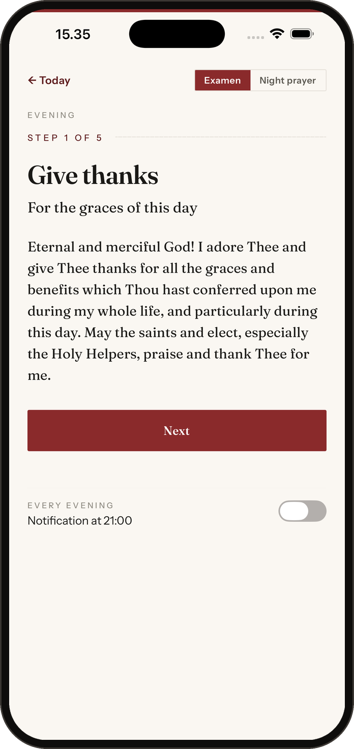 The Evening screen in Lauds: step one of the examen, Give thanks, with a Night prayer tab