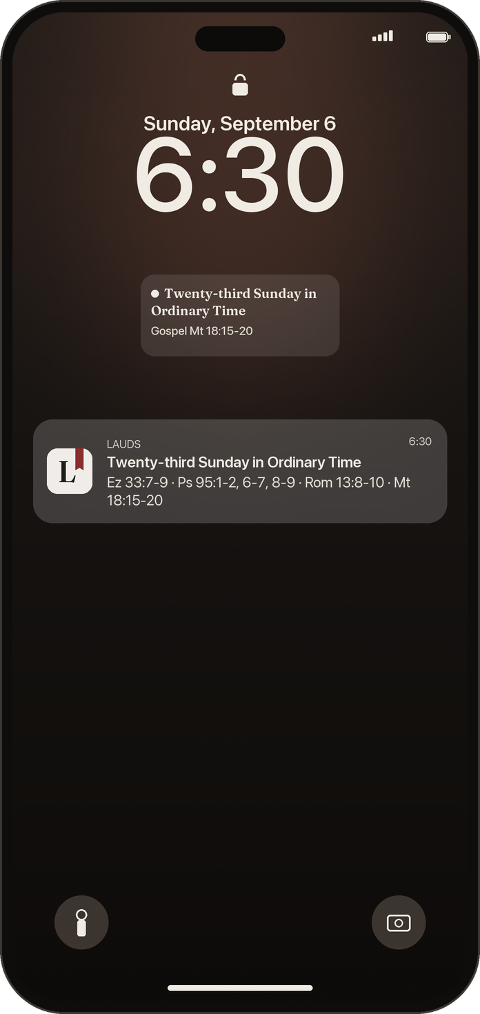 Lauds on an iPhone Lock Screen at 6:30: a widget with the day's name and Gospel citation, and the morning notification listing today's readings