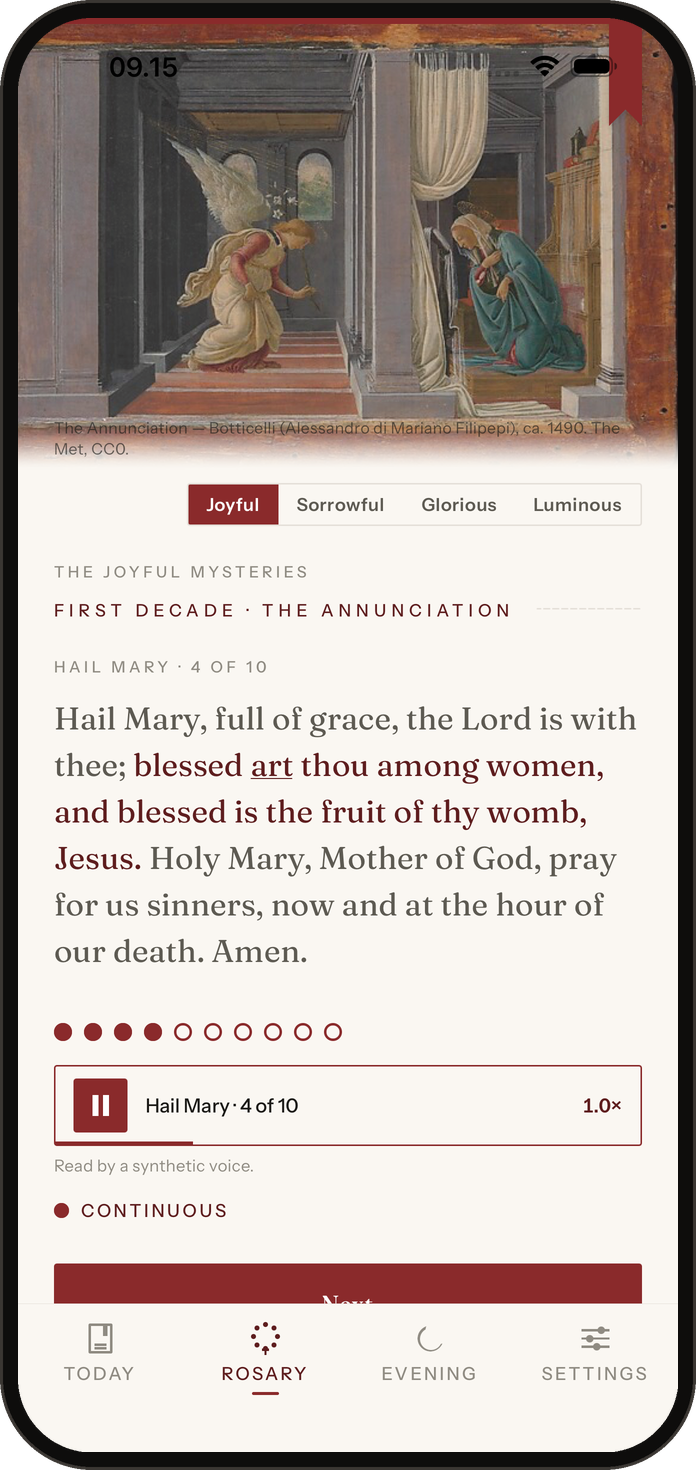 The guided Rosary in Lauds: the Joyful Mysteries, a Hail Mary highlighted as it is read aloud, bead counter and audio bar