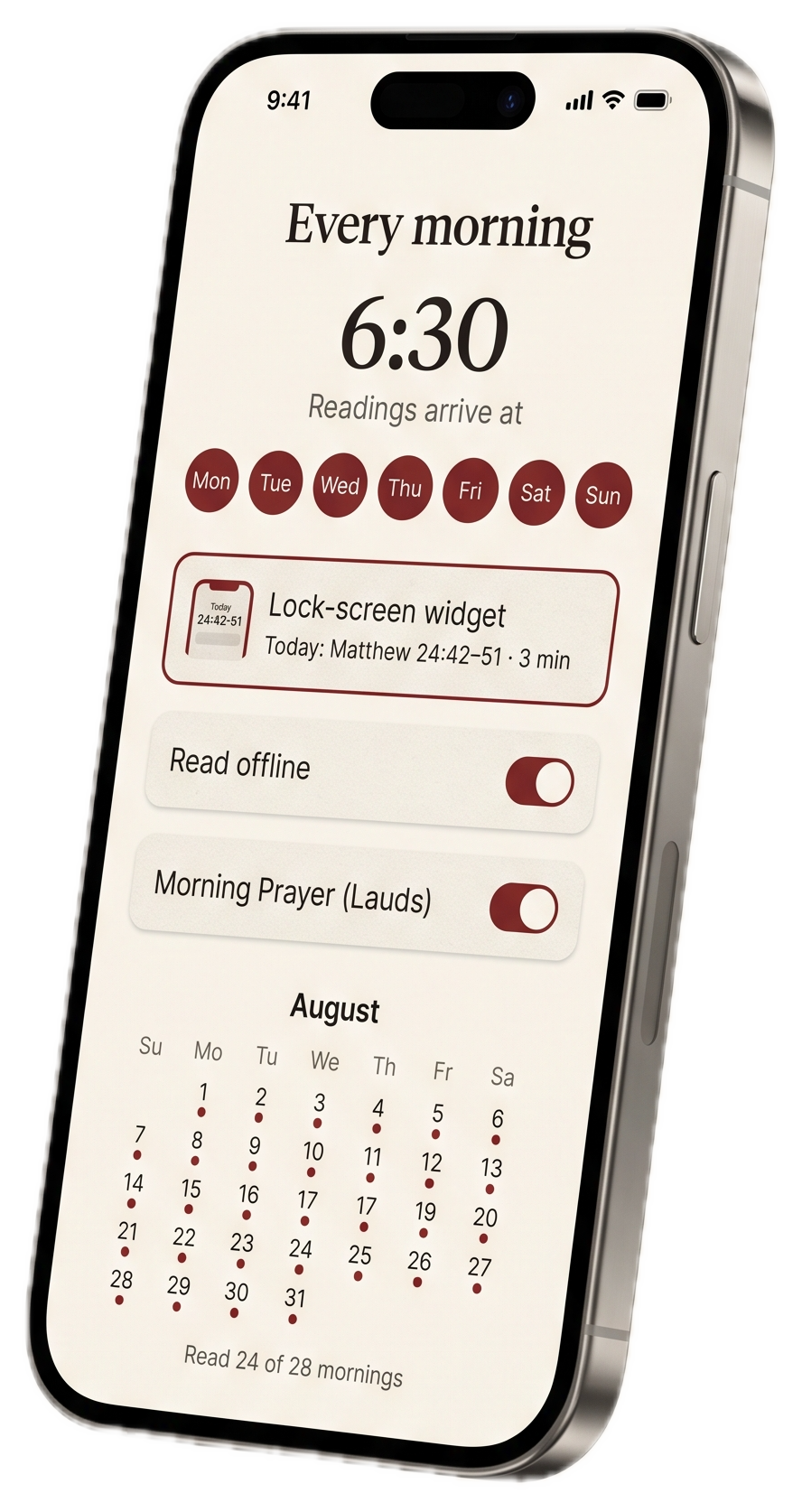 Concept: the Every-morning screen — delivery time, lock-screen widget, offline reading, and a month of mornings read