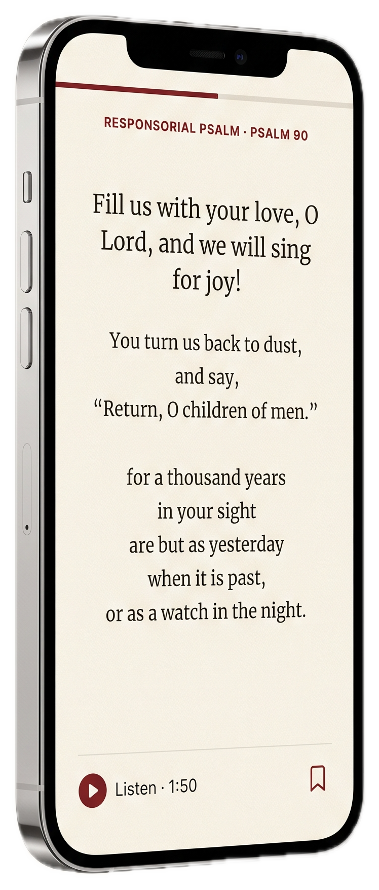 Concept: a reading page — the responsorial psalm set like a printed missal page, with a listen button